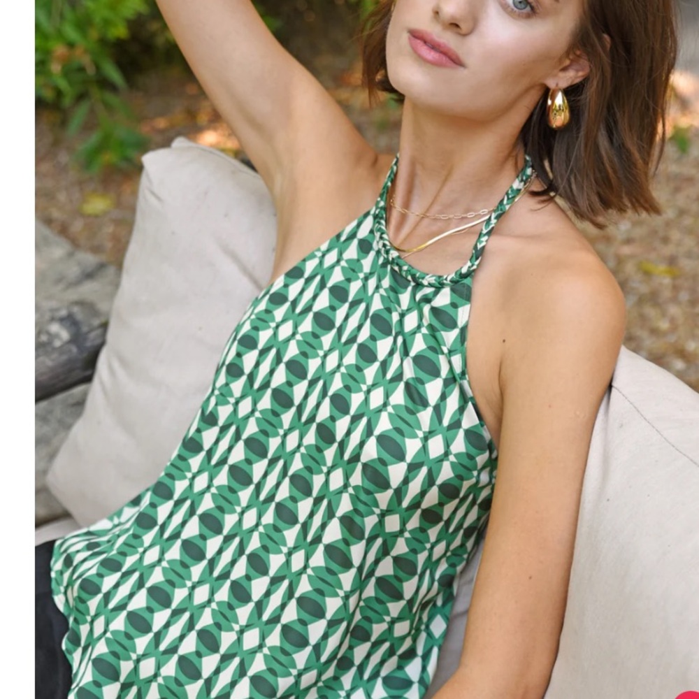 NEW GREYLIN sabrina print halter top in green/ivory S